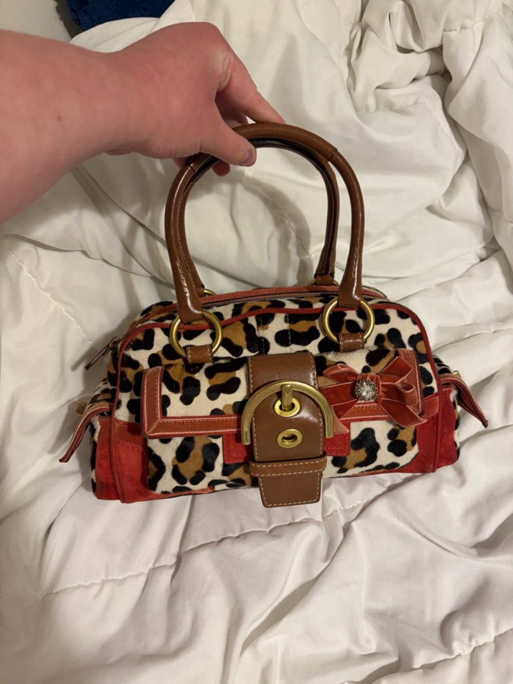 Extremely rare Coach Brown & Leopard Print Satchel Handbag with Rust Accents